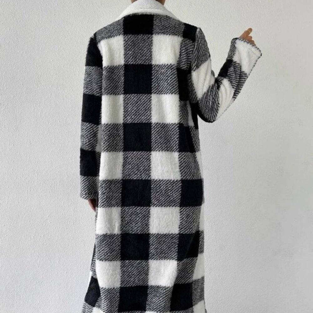 Buffalo Plaid Open Front Flannel Longline Coat Jacket Black white - Picture 2 of 6